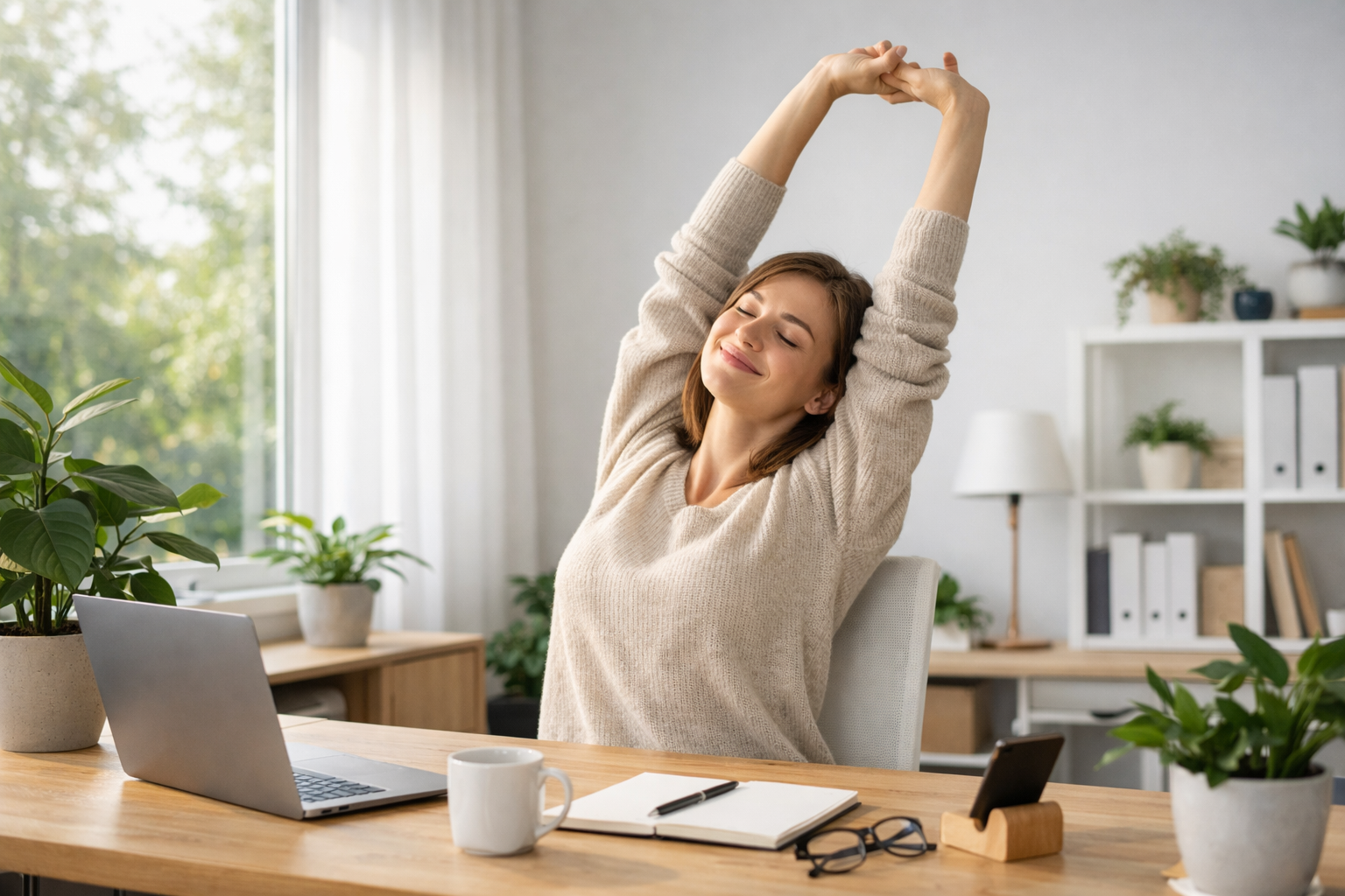 Person doing gentle desk stretches in modern bright office space, arms raised overhead, natural morning light through window, minimal workspace with plants, relaxed posture, wellness lifestyle photography