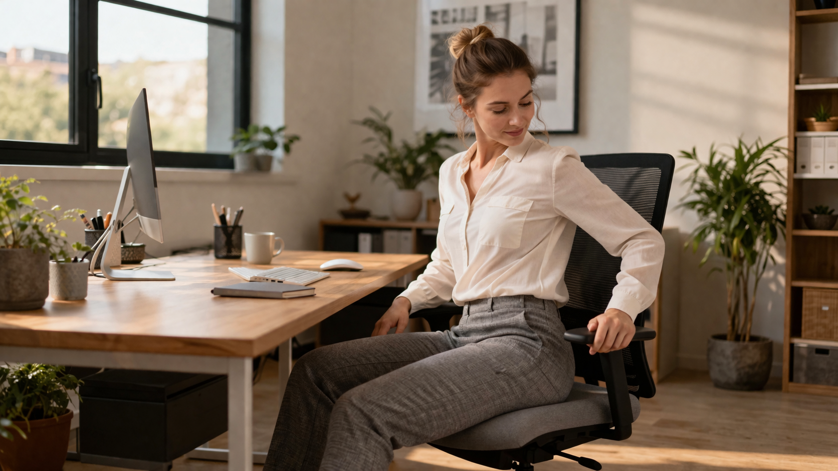 Woman doing simple seated hip rotations at modern desk, neutral office setting, comfortable clothing, natural afternoon light, plants in background, ergonomic workspace, wellness-focused lifestyle photography